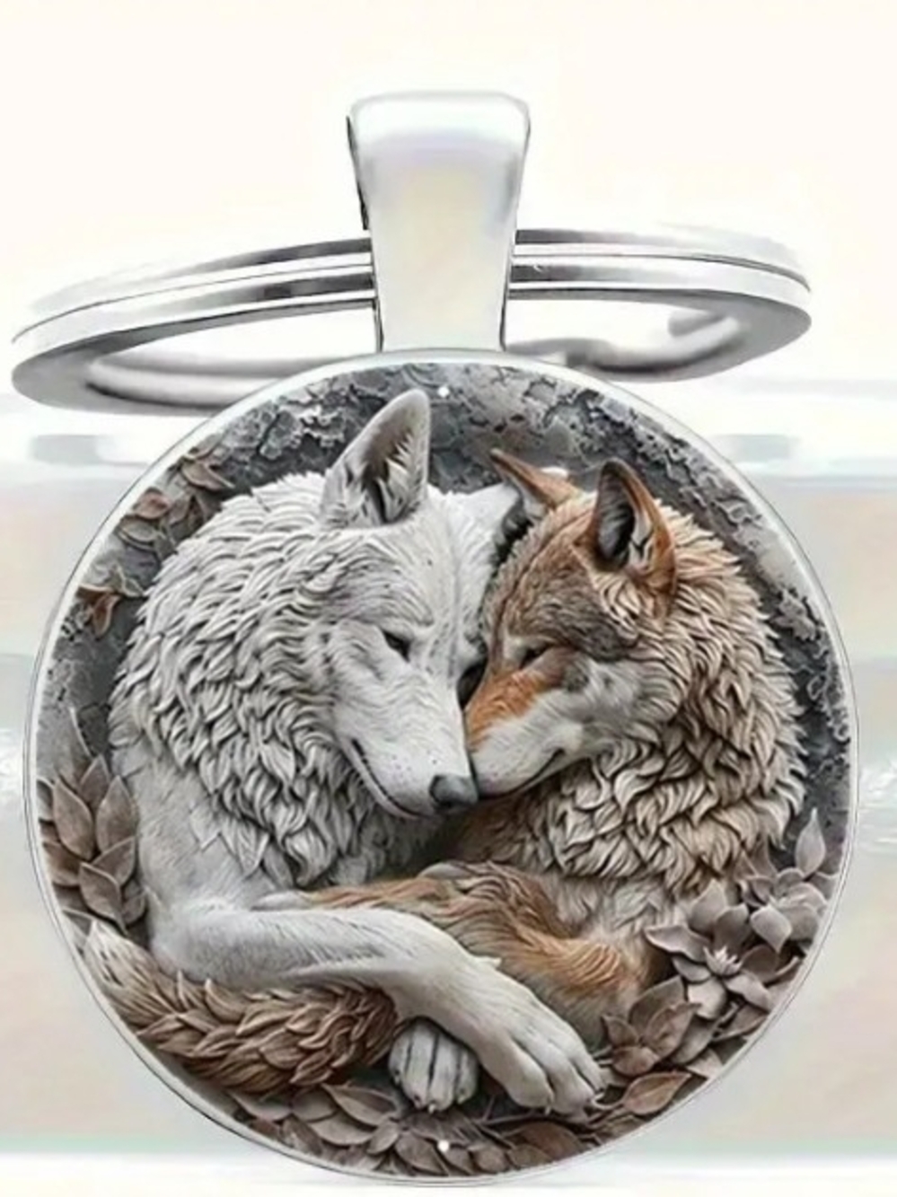 Silver Wolf Couple Pendant Necklace - White & Brown